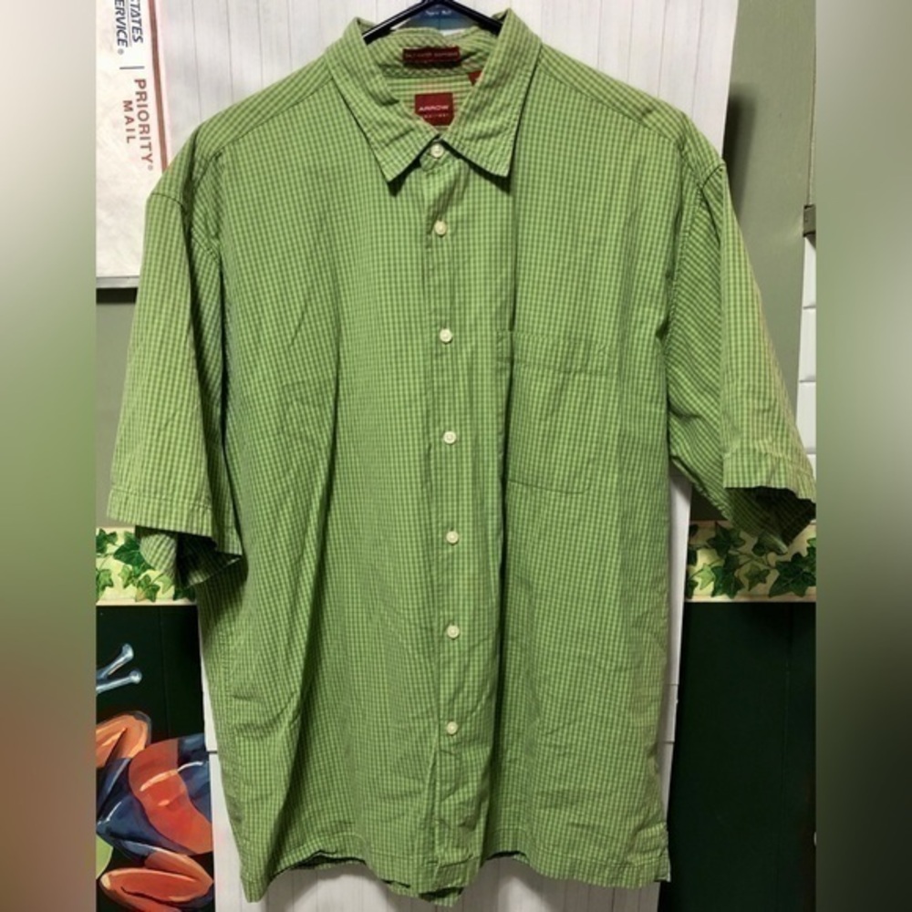 📚Arrow Cotton Green Gingham Short Sleeve Button Down Shirt